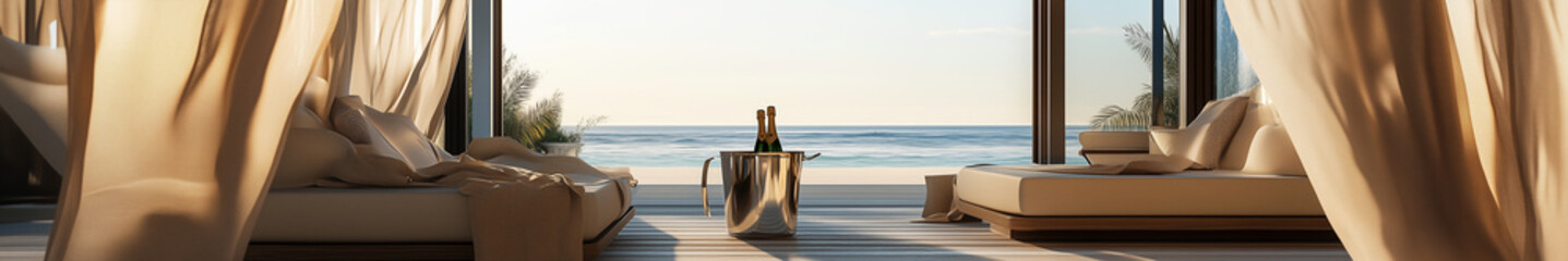 Fototapeta premium Elegant beach cabana with plush seating and ocean views