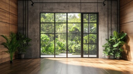 Contemporary loft-style room with concrete and wooden walls, parquet flooring, plants, and a large panoramic window opening to a garden.