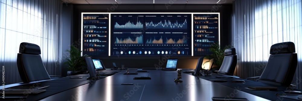 Poster modern conference room with a large data display and sleek design for business meetings.