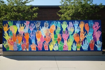 A vibrant mural featuring colorful handprints, symbolizing unity and diversity.