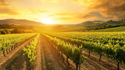 An expansive vineyard landscape with rows of grapevines under a clear blue sky, Vineyard scene, Natural agriculture style