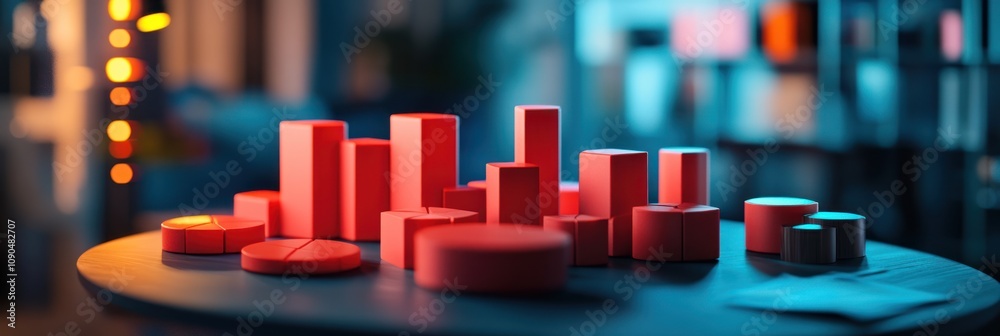 Poster A collection of red geometric shapes arranged on a table, creating a visually striking scene.