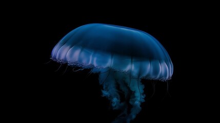 Majestic Blue Jellyfish Illuminated Against Black Background