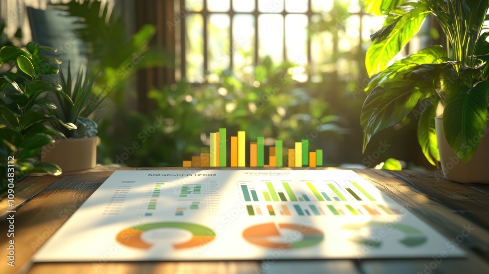 Aufkleber A report with colorful graphs placed on a wooden table amidst sunlight and plants.