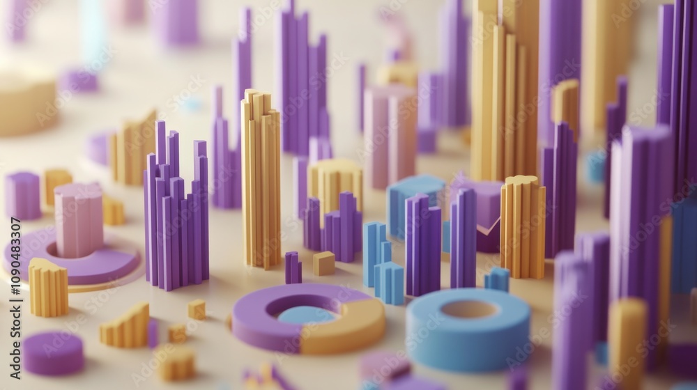 Poster Abstract 3D data visualization with colorful geometric shapes and bars.