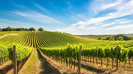 Naklejka premium An expansive vineyard landscape with rows of grapevines under a golden sunset, Vineyard scene, Natural beauty style