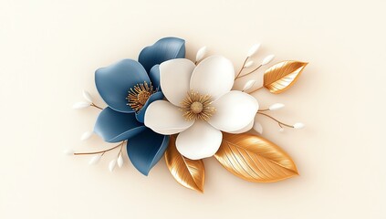 Elegant arrangement of blue and white flowers with golden leaves on a soft beige background, capturing a delicate, sophisticated aesthetic perfect for interior design and artistic