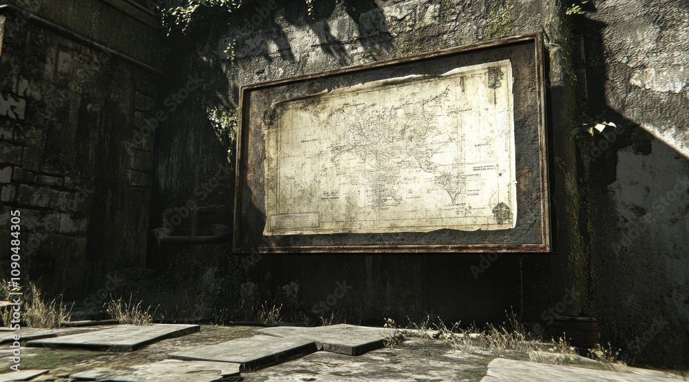 Poster An old map displayed on a weathered wall in an overgrown environment.