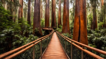 The enchanted forest of the valley of the giants towering eucalyptus trees and wooden walkway, Ai Generated