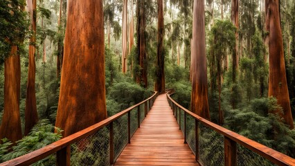 The enchanted forest of the valley of the giants towering eucalyptus trees and wooden walkway, Ai Generated