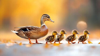 Duck with ducklings swimming in autumn water