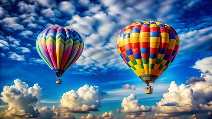 Fototapeta premium A Stunning View of Two Vibrant Hot Air Balloons Floating Gracefully in a Clear Blue Sky with Wispy Clouds, Perfectly Captured Using the Rule of Thirds for an Eye-Catching Composition