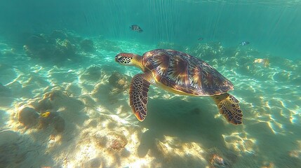 Obraz premium Sea Turtle Swimming In Shallow Ocean Water