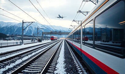 Naklejka premium High-Speed Train in Snowy Mountains: Plane Landing, Winter Travel Scene. AI Generated