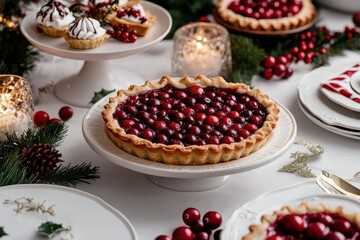 Vibrant cranberry tart on a beautifully arranged table spread, perfect for festive gatherings and celebrations.