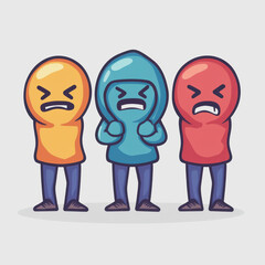 Fototapeta premium Three Colorful Cartoon Characters Displaying Different Emotions with Frowns and Anger Expressions, Perfect for Illustrations or Designs in Various Projects