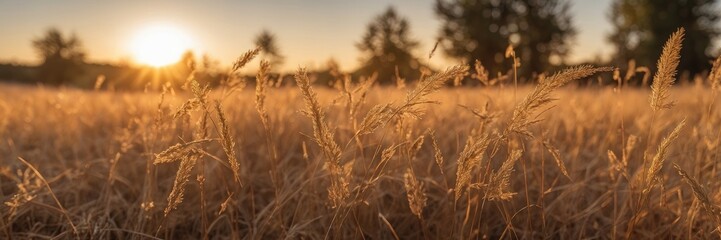 Fototapeta premium Dry grass field at sunset with the sun in the background
