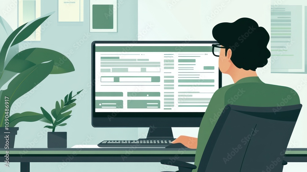 Poster A person working at a desk with a computer, surrounded by plants and a modern workspace.
