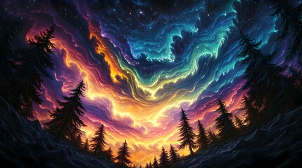Fototapeta premium Digital Painting of a Vibrant, Swirling Aurora Borealis over a Snowy Forest at Night