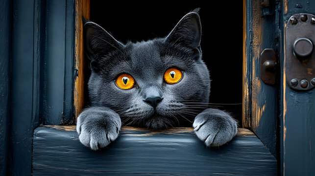 Gray Cat with Bright Eyes Peeking from a Dark Wooden Door Frame, Curiously Observing its Surroundings