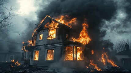 Fototapeta premium A house engulfed in flames, surrounded by thick smoke, depicting a destructive fire scene.