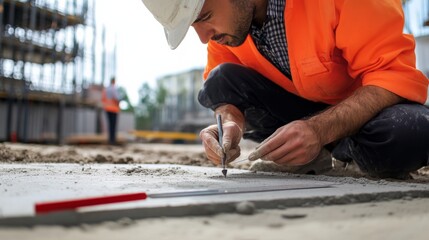An inspector examining concrete quality at a construction site with measuring tools, Concrete inspection scene, Quality assurance style