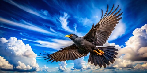 Fototapeta premium Aerial View of a Majestic Black Bird with a Bright Yellow Beak Gracefully Soaring Through the Clear Blue Sky, Capturing the Beauty of Nature and Avian Life in Motion