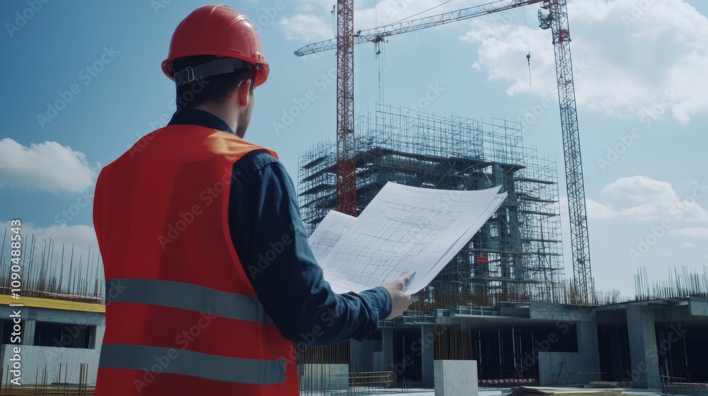 Poster An inspector examining detailed blueprints with a backdrop of scaffolding and cranes, Blueprint review scene, Technical and detailed style