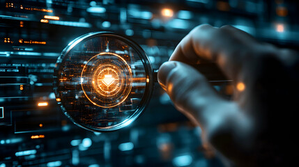 Fototapeta premium A Hand Uses Magnifying Glass to Inspect Digital Data with Orange and Blue Hues, Abstract Futuristic Technology Background