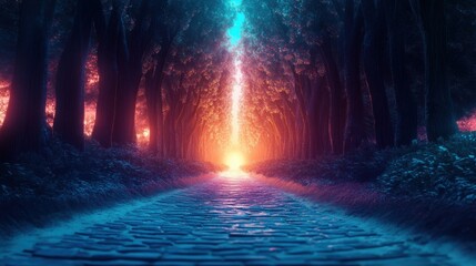 Fototapeta premium Enchanting Pathway Through a Mystical Forest with Ethereal Light Illuminating the Cobblestone Road Surrounded by Majestic Trees at Twilight