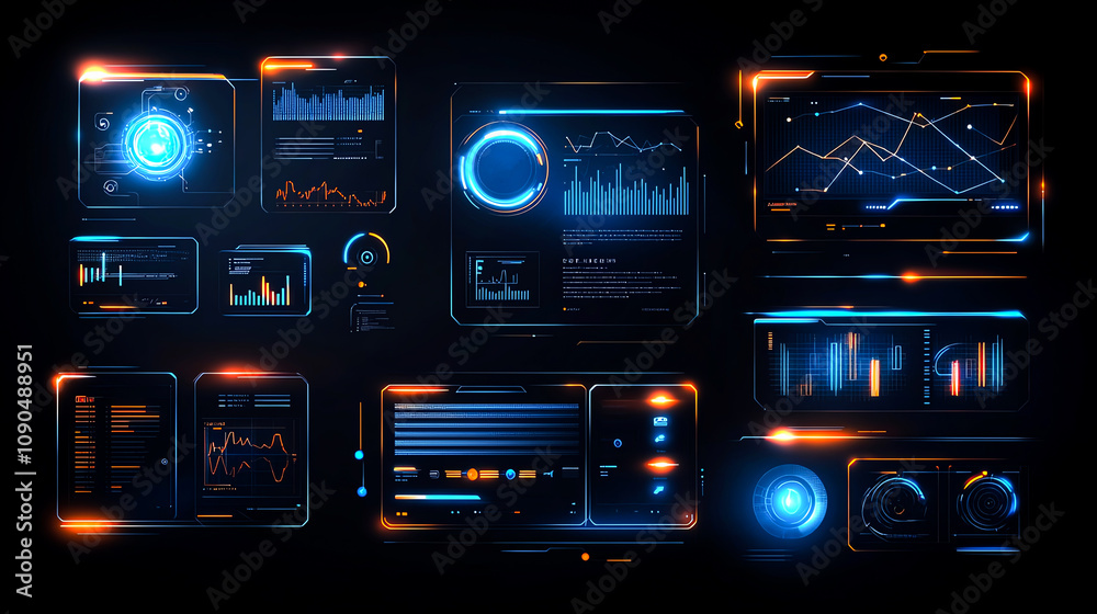 Poster futuristic digital dashboard with glowing interfaces and data analytics. perfect for tech, innovatio