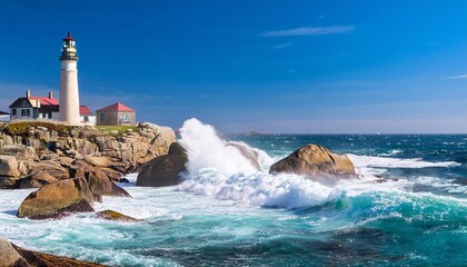 Obraz premium lighthouse with rocks at the ocean with waves in strong