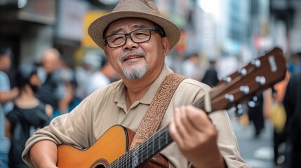 Musician Playing Guitar in Busy City Square