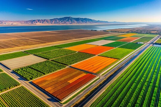 Aerial View of Vibrant Carrot Fields in the Salton Sea Area, Showcasing the Agricultural Richness of Imperial Valley, Southern California, With a Stunning Landscape Backdrop