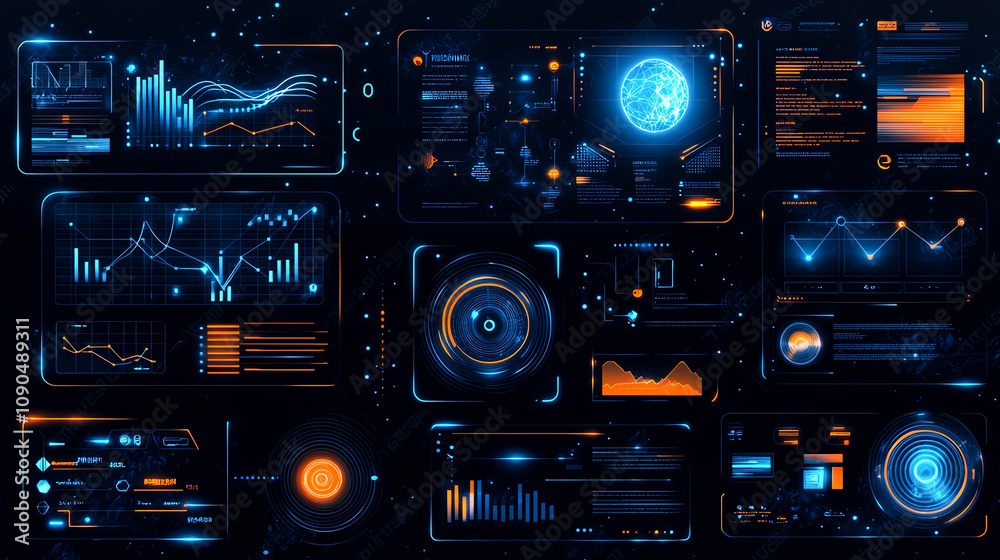 Poster futuristic digital interface with glowing elements and data visualizations in a dark theme, showcasi