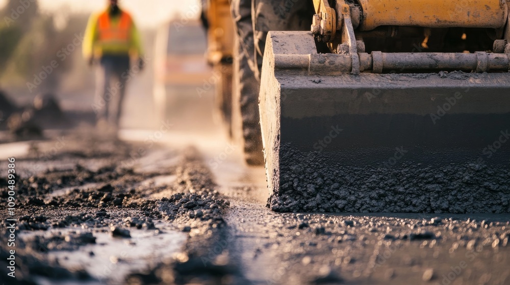 Aufkleber an intense close-up of a concrete finisher leveling freshly poured concrete on a highway constructio