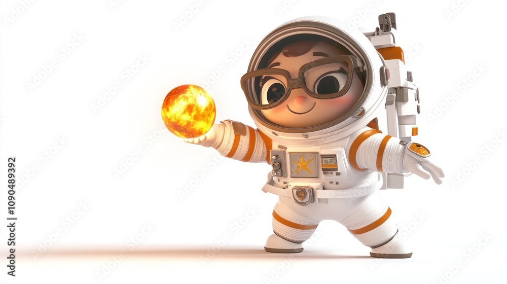 Aufkleber a cheerful astronaut character holds a glowing orb, symbolizing exploration and curiosity.