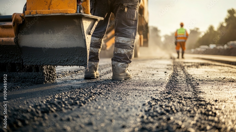 Poster an intense close-up of a concrete finisher leveling freshly poured concrete on a highway constructio