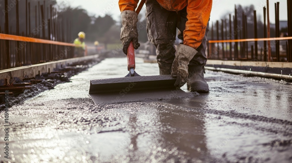 Poster an intense close-up of a concrete finisher smoothing out freshly poured concrete on a bridge deck, b