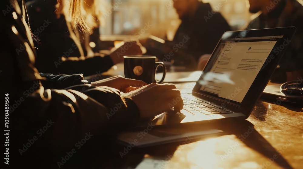 Poster a person typing on a laptop in a warm, cozy café setting with others in the background.