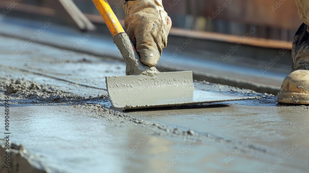 Poster an intense close-up of a concrete finisher smoothing out freshly poured concrete on a bridge deck, b