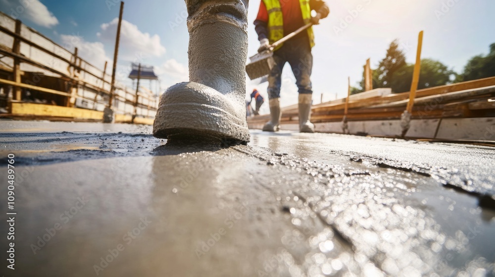 Poster an intense close-up of a concrete finisher smoothing out freshly poured concrete on a bridge deck, b