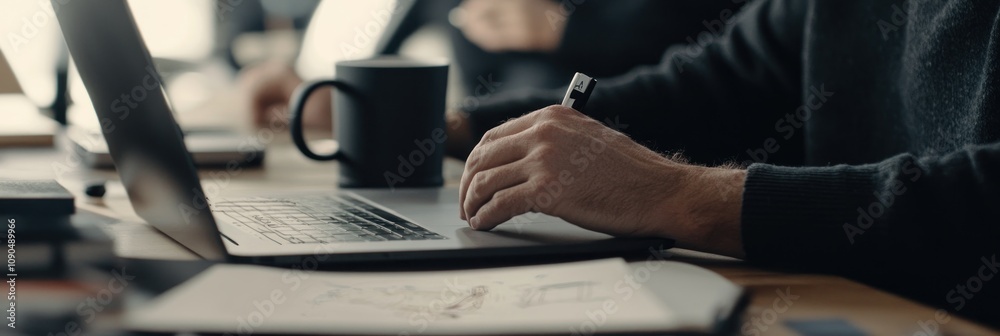 Aufkleber a person working on a laptop at a desk with a coffee cup and sketches.