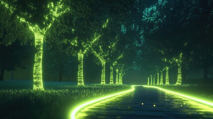 Obraz premium Enchanted Night Pathway Illuminated by Glowing Trees and Luminous Trail, Creating a Magical and Serene Atmosphere in a Dreamlike Landscape