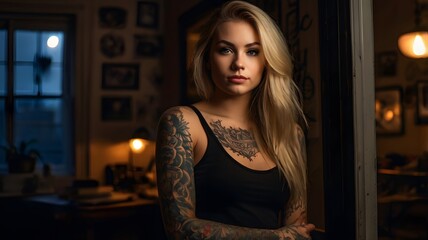 Fototapeta premium Chic and Confident: Portrait of Tattooed Woman in Warm Tones