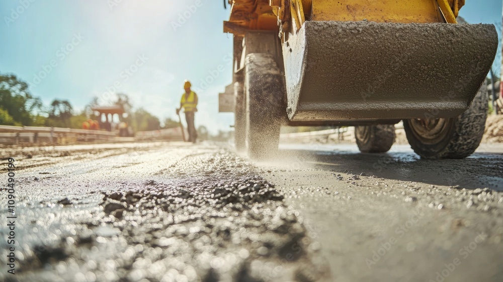 Poster an intense close-up of a concrete finisher smoothing out freshly poured concrete on a dam constructi