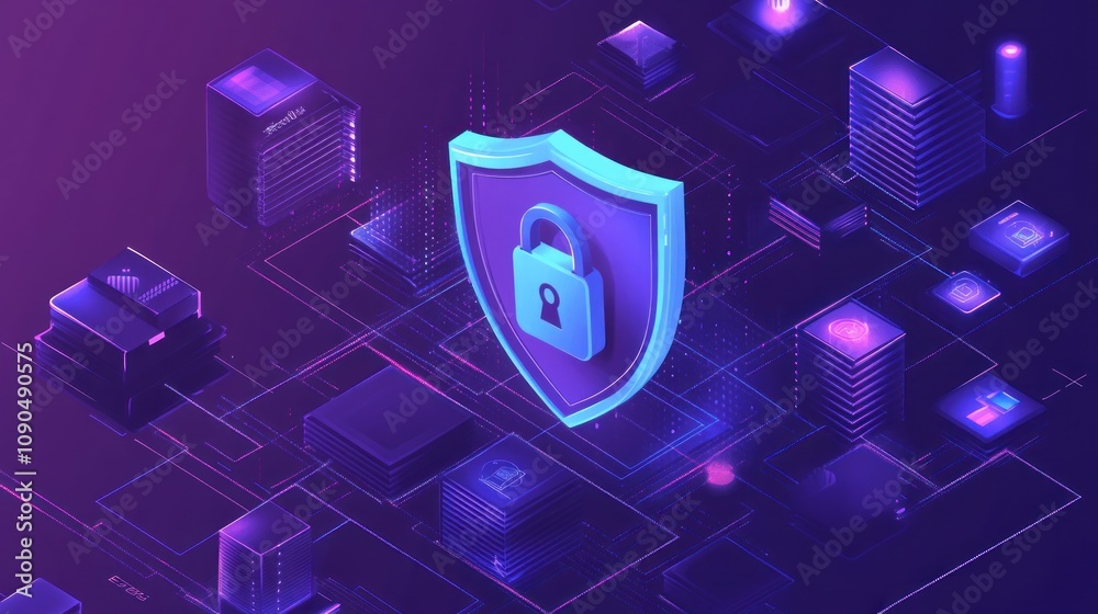 Leinwandbilder a digital representation of cybersecurity with a shield and lock symbol over a network background.