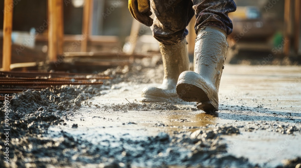 Poster an intense close-up of a concrete finisher smoothing out freshly poured concrete on a highway constr