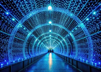 Captivating Deep Blue Tunnel with Lines and Dots, Product Photography, Dark Aesthetic, Abstract Design, Long and Narrow Perspective, Mysterious Atmosphere, Ideal for Digital Art Backgrounds