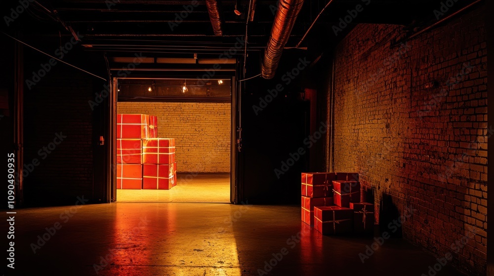 Poster a dimly lit space featuring red gift boxes stacked, creating a warm, inviting atmosphere.
